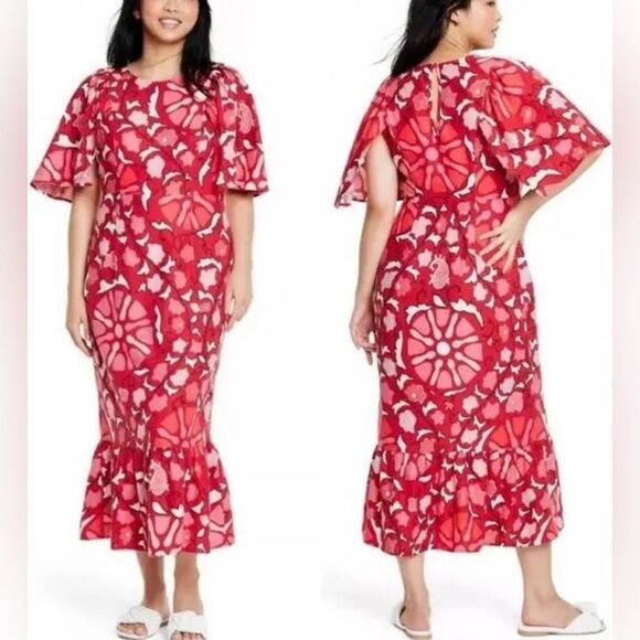 NWT Rhode X Target Bell Sleeve Midi Dress in Zinnia Print Red Floral - Size 8 - Picture 1 of 8